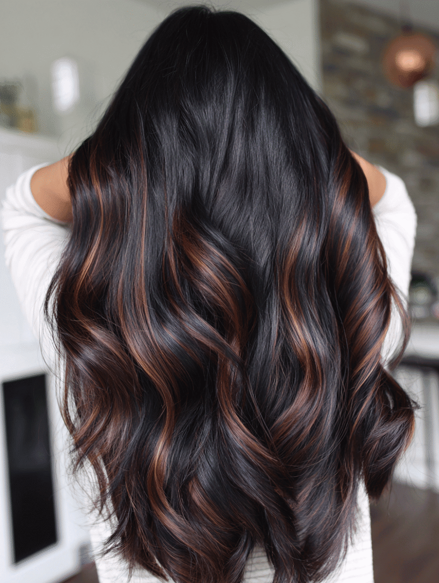 22 Black Hair with Brown Highlights for a Warm Sun Kissed Touch