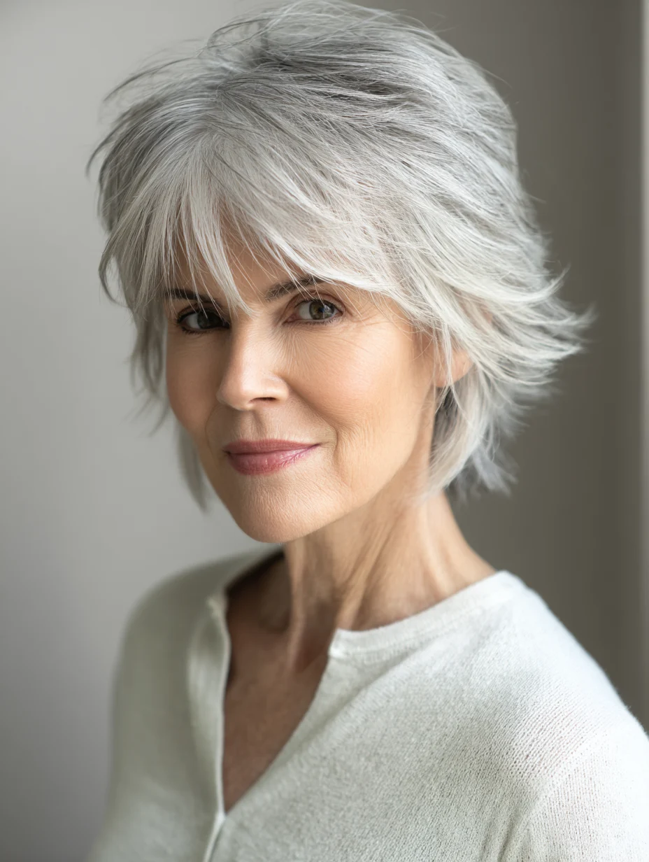 Short shag haircut with wispy layers on a woman over 60