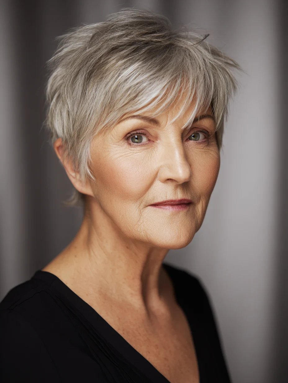Soft layered pixie haircut on a woman over 60 with fine hair